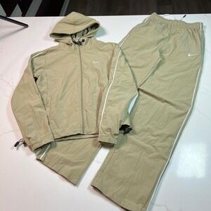 Nike Tracksuit Set Womens Large Tan Beige Hooded Windbreaker Jacket Pants